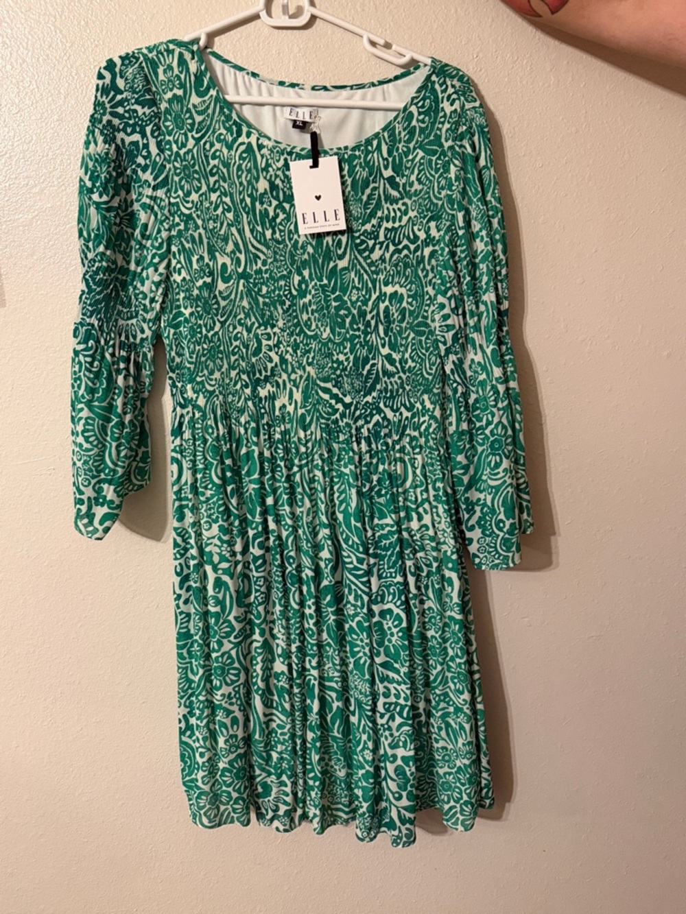 ELLE Floral Green White Knee Length A-Line Dress Crew Neck 3/4 Sleeve